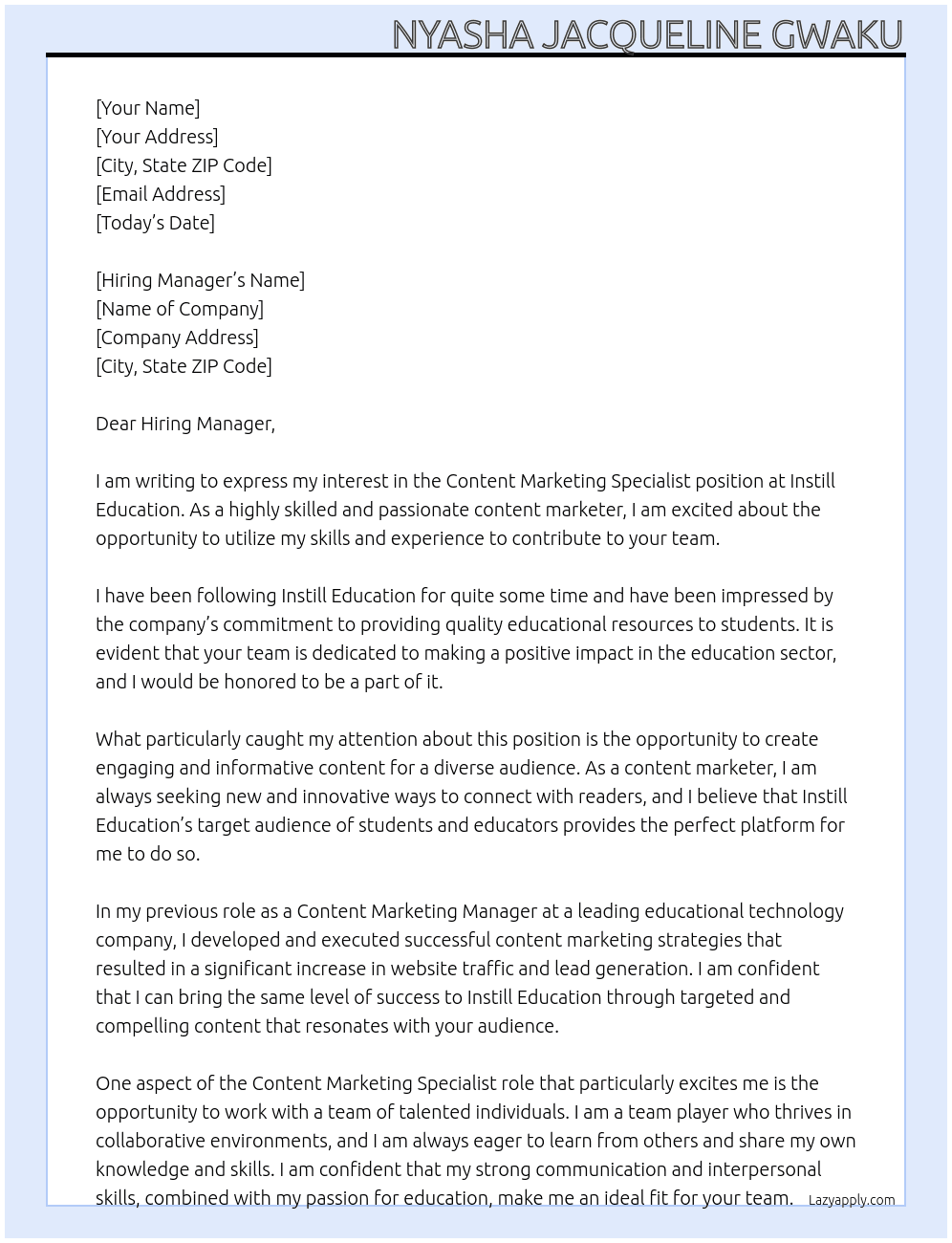Content Marketing Specialist At instill Education  Cover Letter