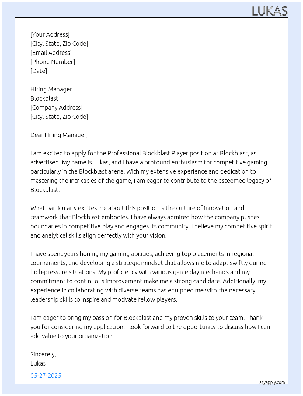 Professional Blockblast player At Blockblast Cover Letter