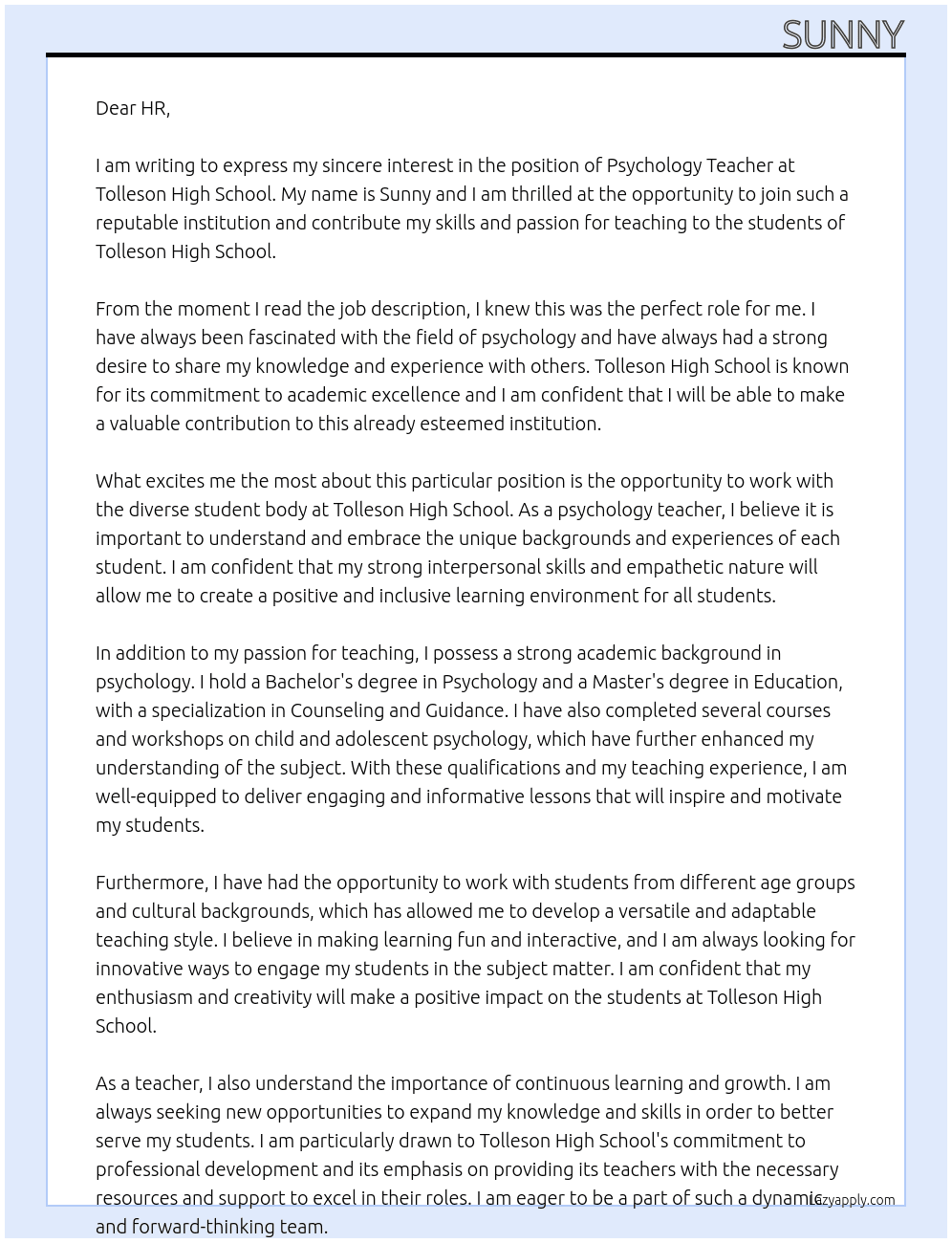 psychology teacher At Tolleson High School Cover Letter