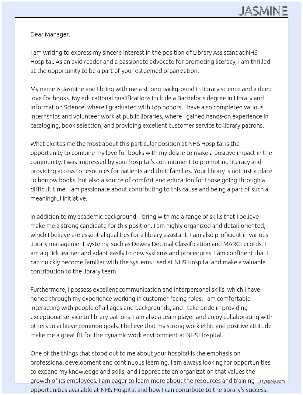 Library Assistant  At NHS Hospital Cover Letter