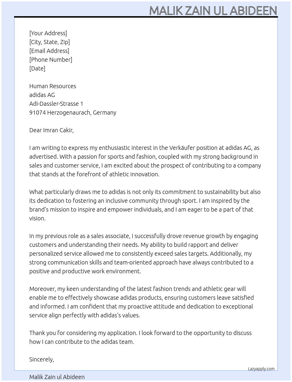 VERKÄUFER At adidas AG, Adi-Dassler-Strasse 1, 91074 Herzogenaurach, Germany Cover Letter