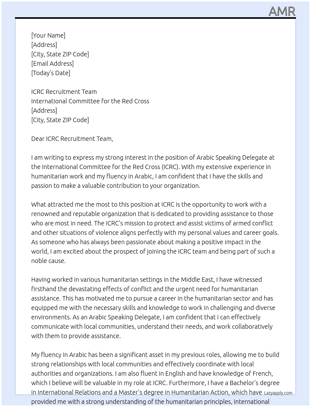 Arabic Speaking Delegate At International Committee for the Red Cross Cover Letter