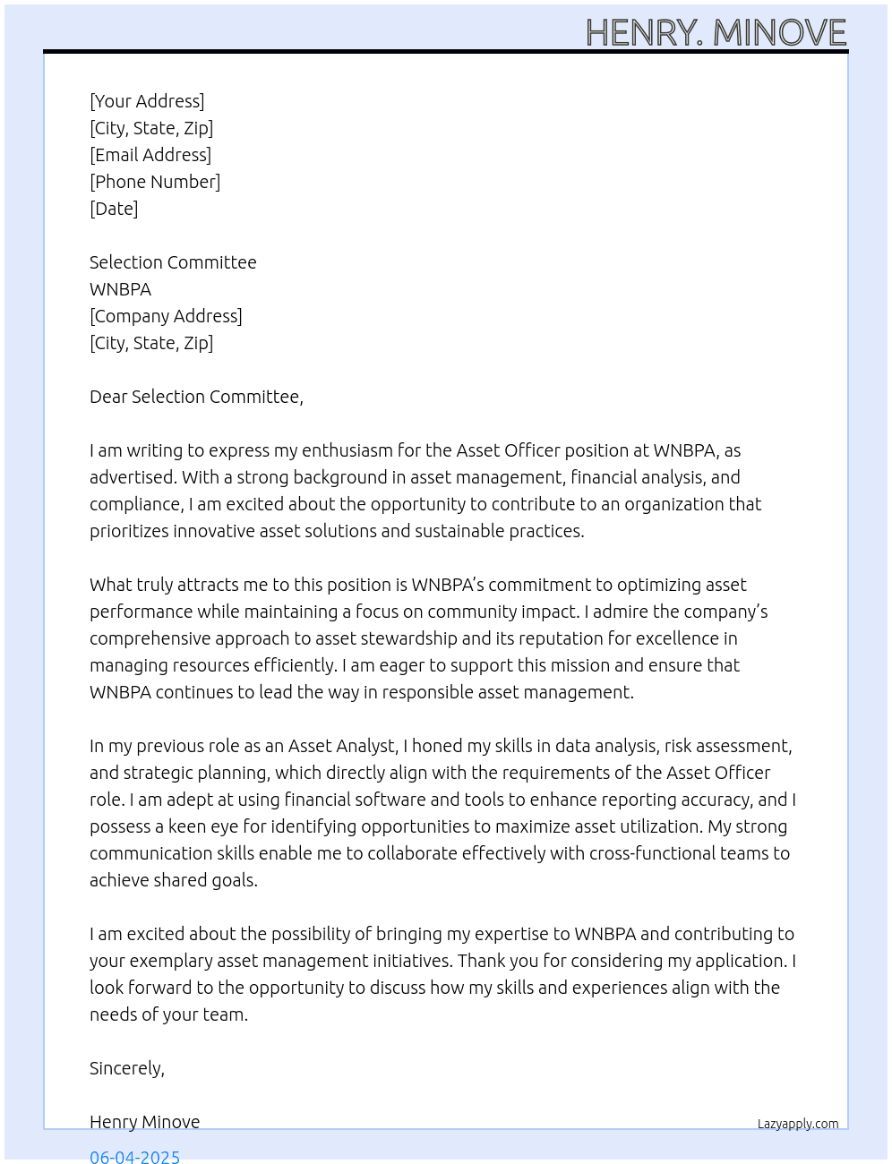Cover letter for asset officer - LazyApply