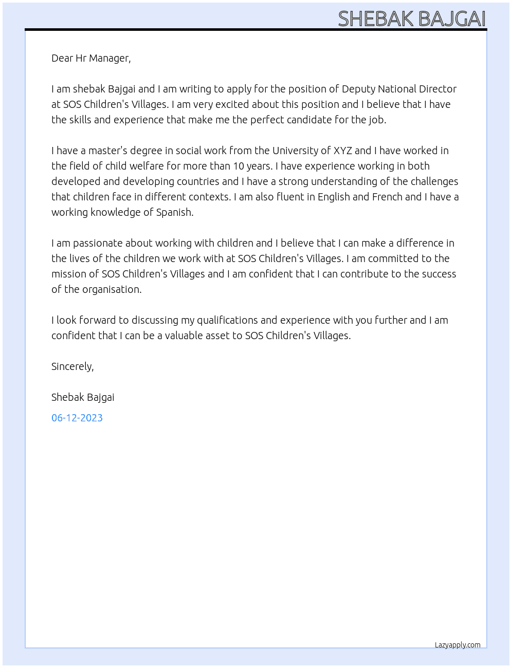 Deputy National Director  At SOS Children's Villages Cover Letter