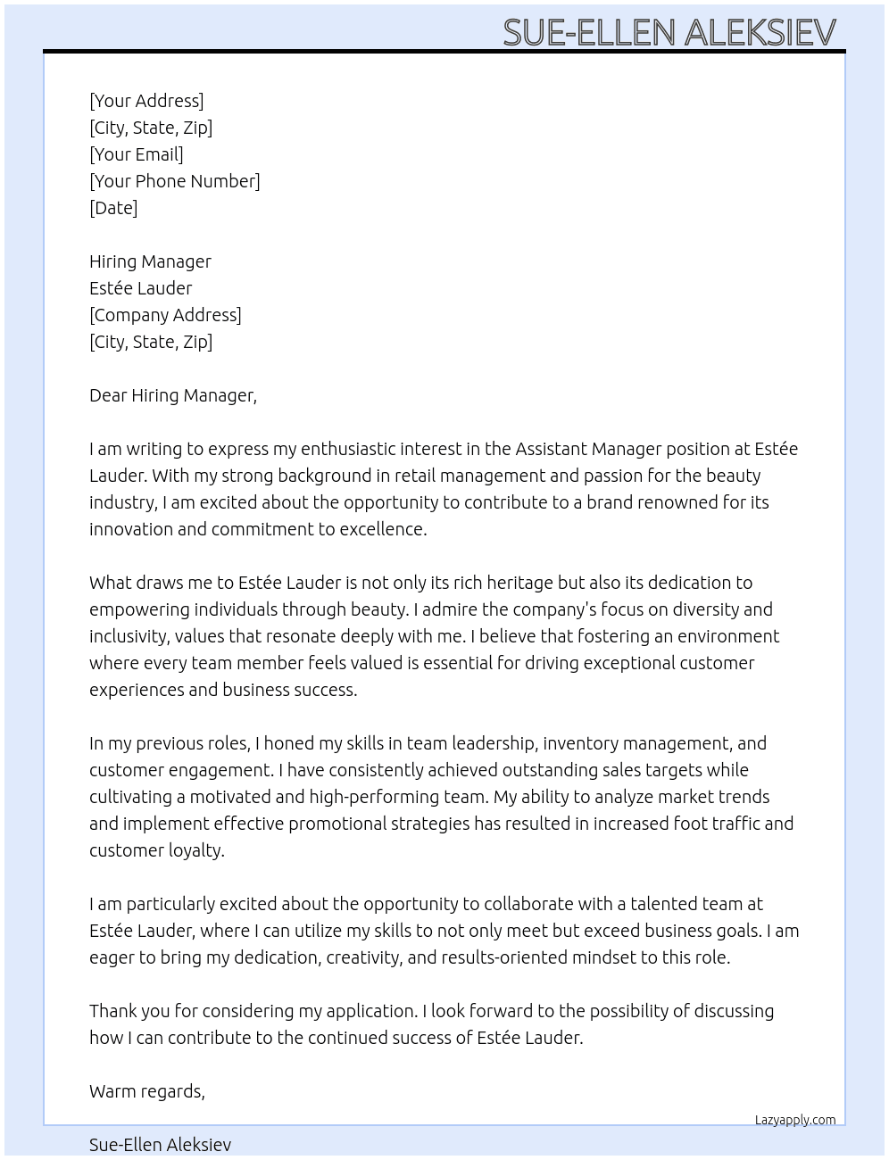 Assistant Manager At Estée Lauder  Cover Letter