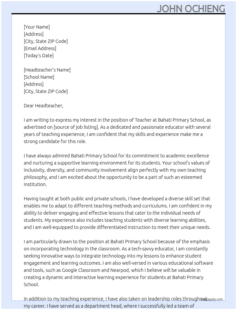 Teacher At Bahati primary school Cover Letter