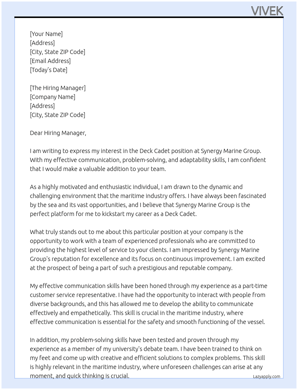 Deck Cadet At Synergy Marine Group Cover Letter