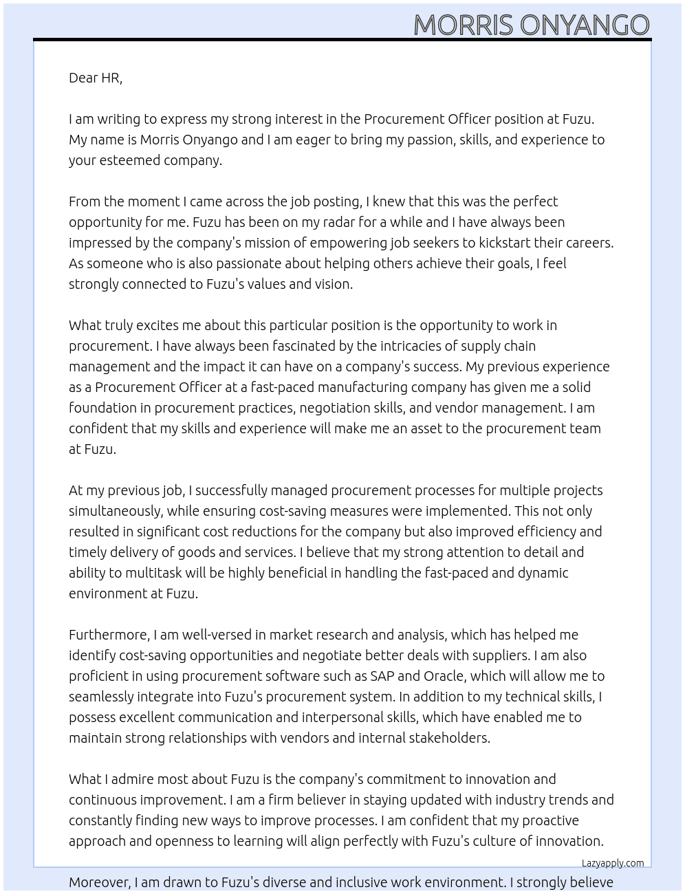 Procurement officer  At Fuzu Cover Letter