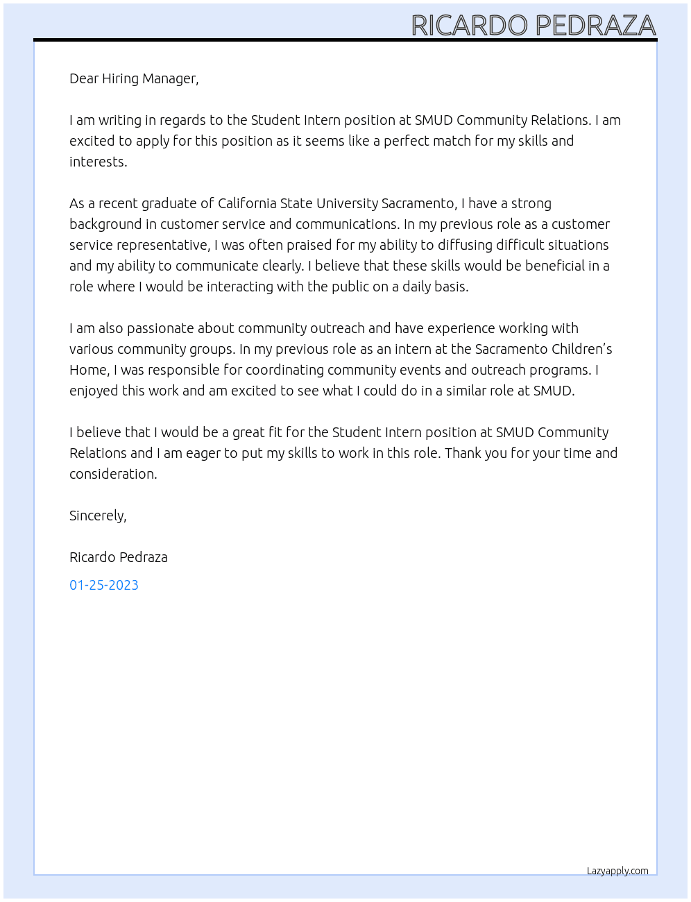 Student Intern  At SMUD Community Relations Intern Cover Letter