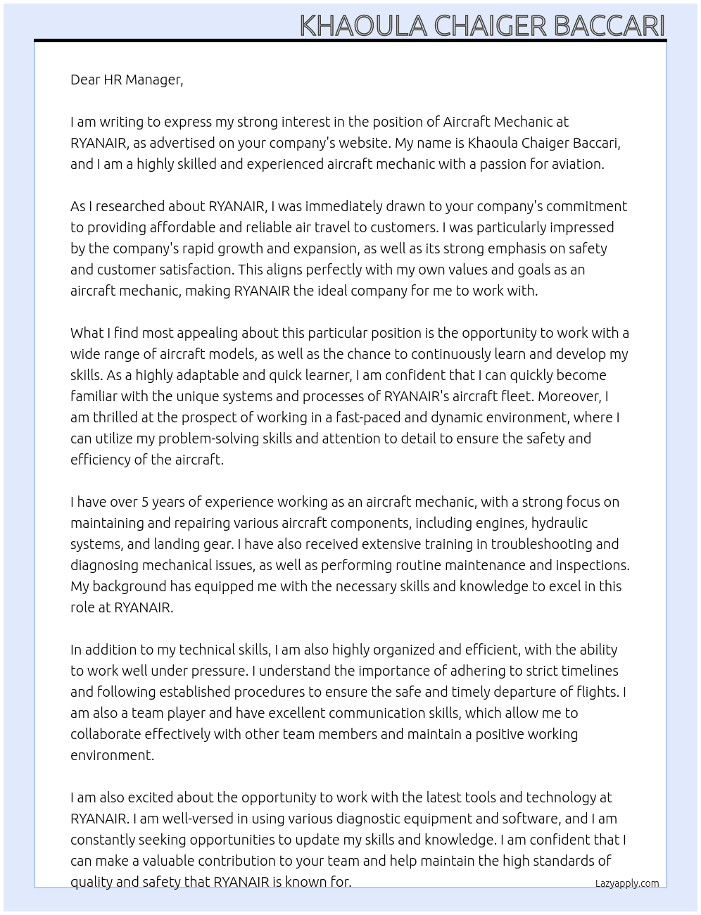 AIRCRAFT MECHANIC At RYANAIR Cover Letter
