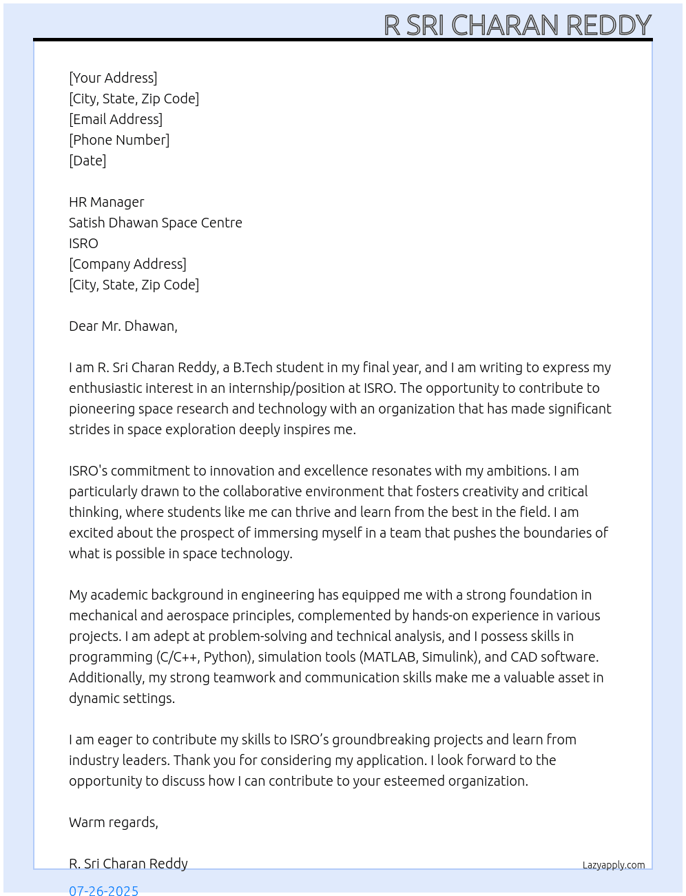 STUDENT B.TECH 4TH YEAR  At ISRO Cover Letter