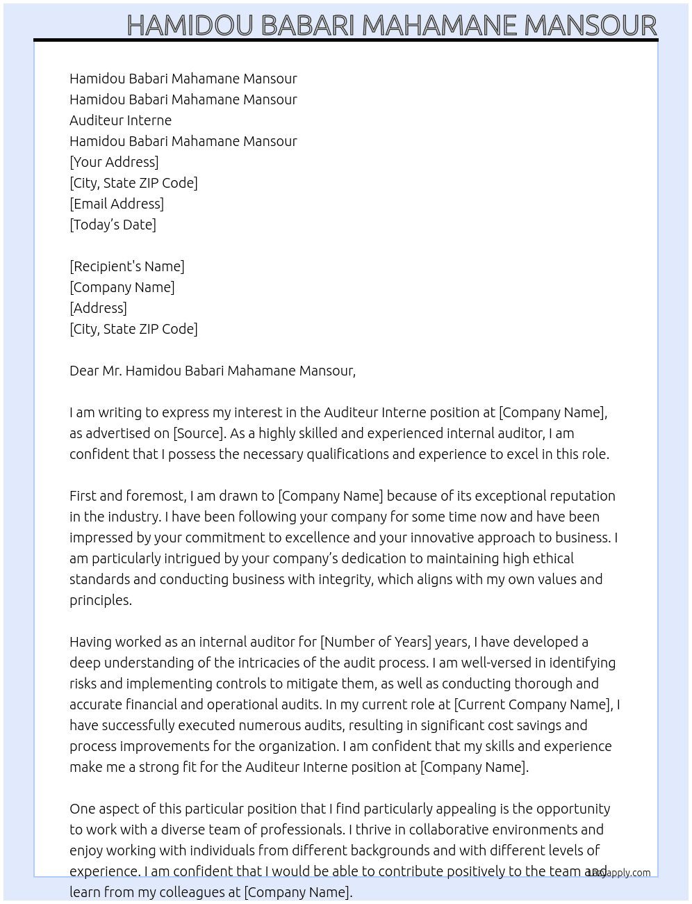 Auditeur Interne At Hamidou Babari Mahamane Mansour Cover Letter