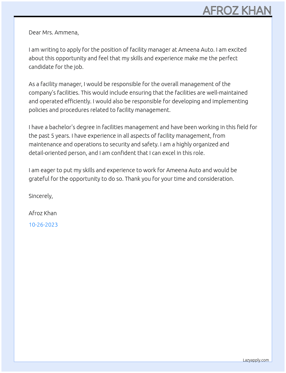 facility manager At Ameena Auto Cover Letter