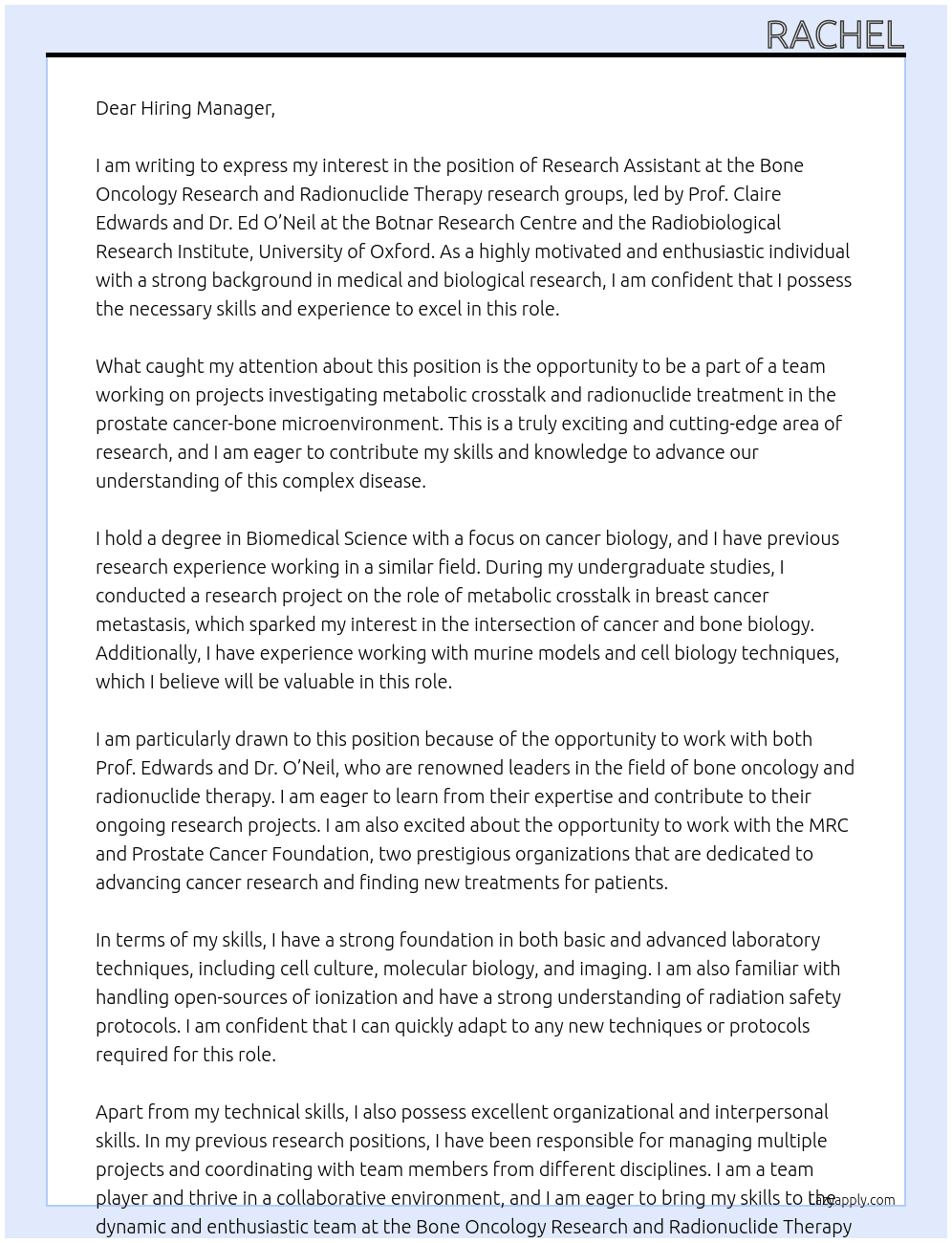 Research Assistant At Bone Oncology Research and Radionuclide Therapy Cover Letter