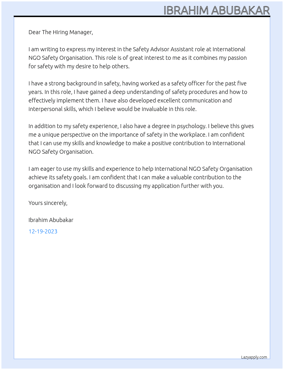 Safety Advisor Assistant At International NGO Safety Organisation Cover Letter