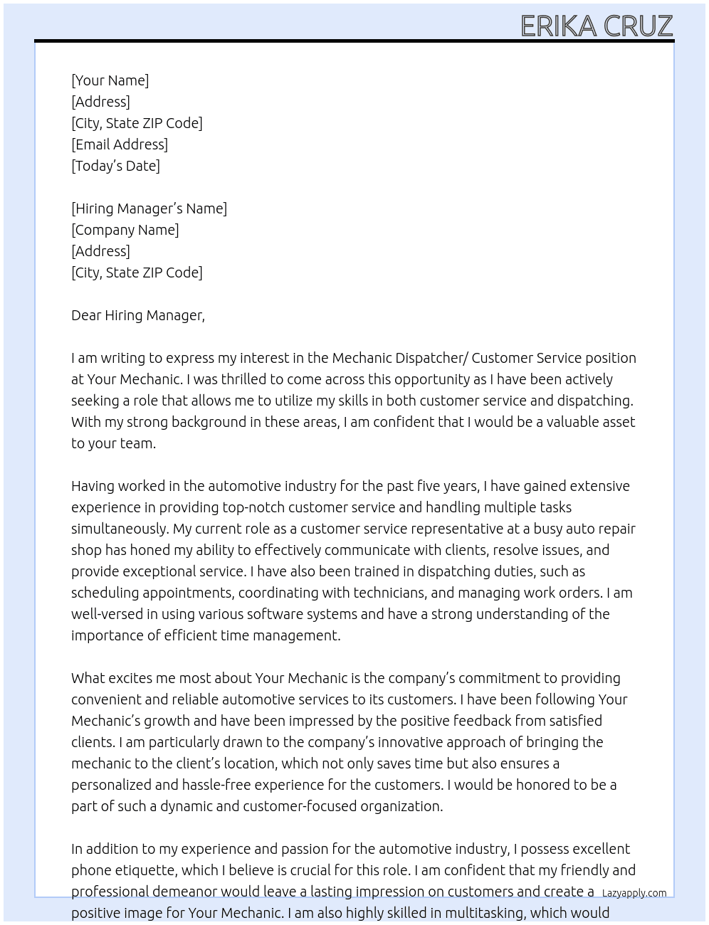 Mechanic dispatcher/ customer service At Your Mechanic  Cover Letter
