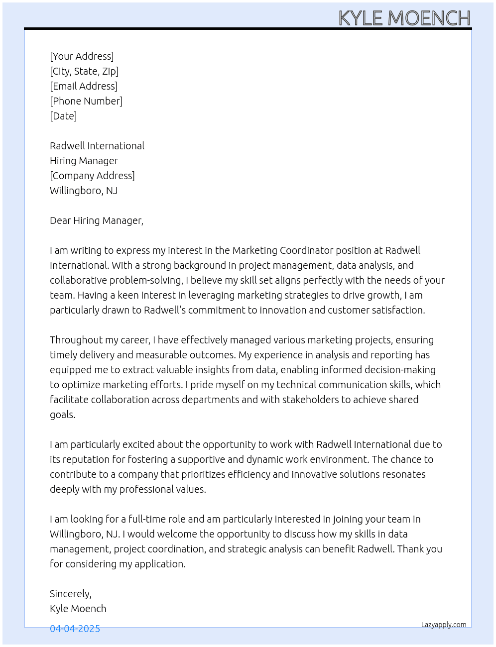 Marketing Coordinator At Radwell International Cover Letter