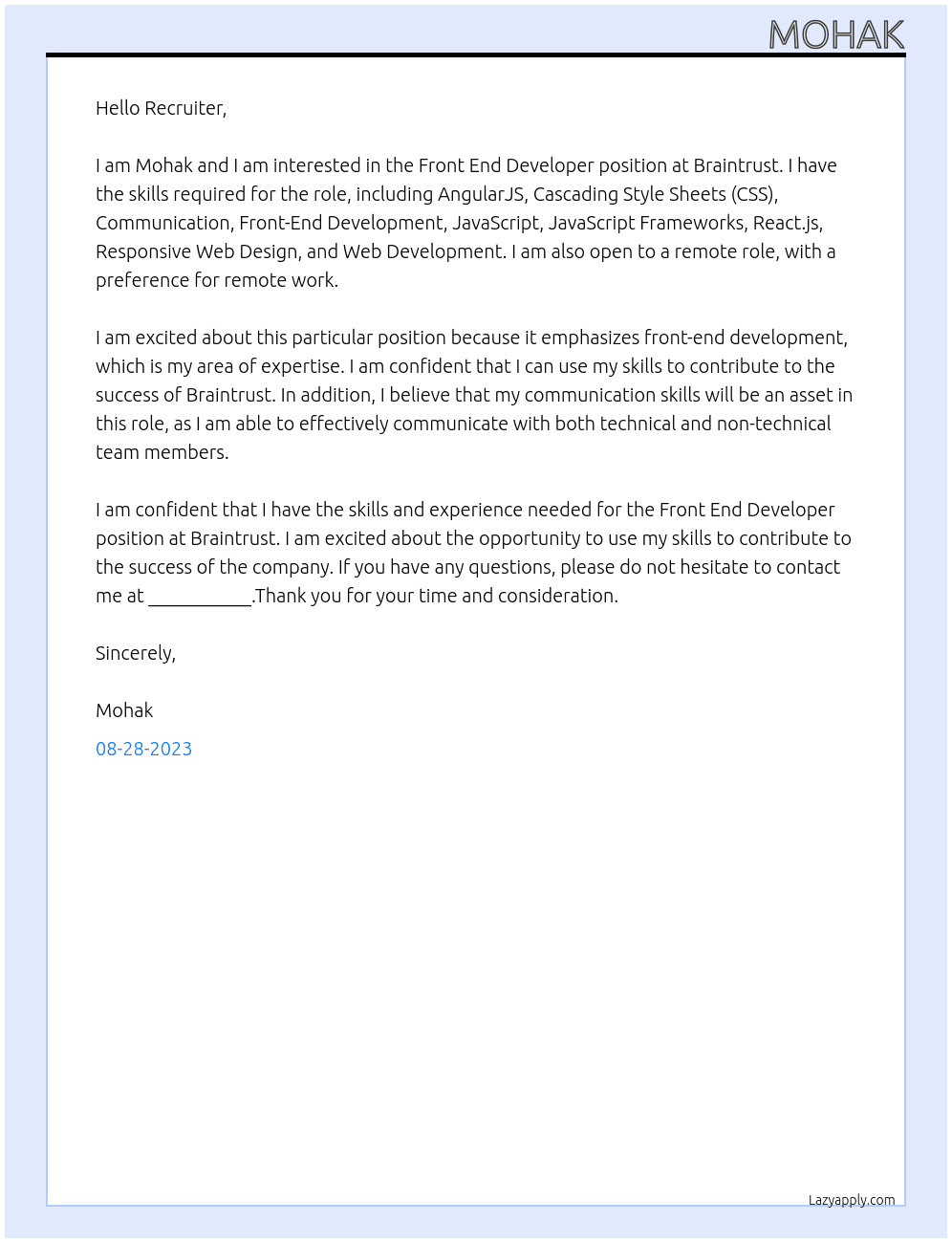 Front End Developer At Braintrust Cover Letter