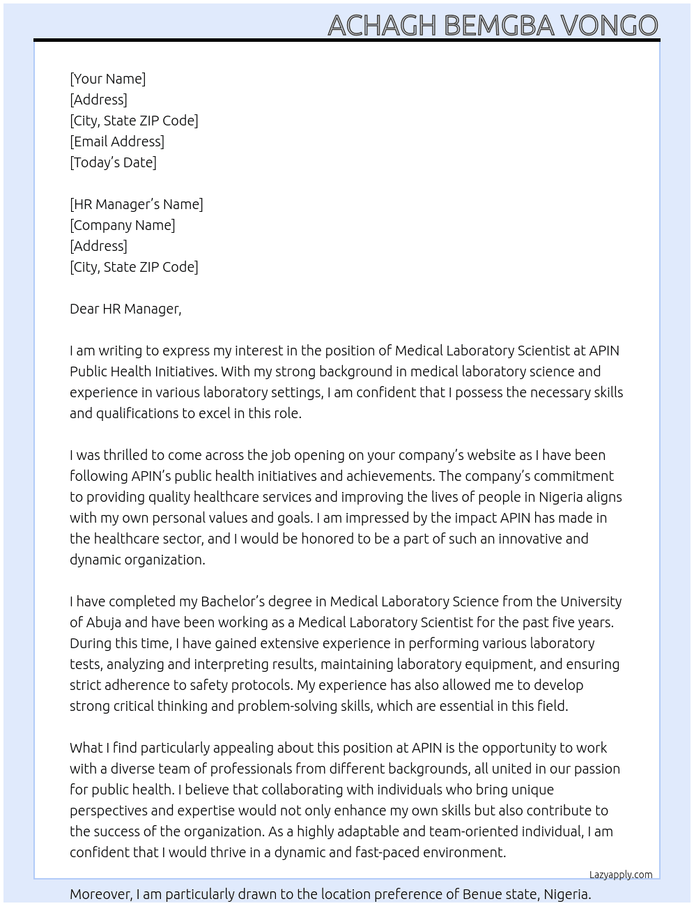 Medical Laboratory Scientist At APIN Public Health Initiatives. Cover Letter