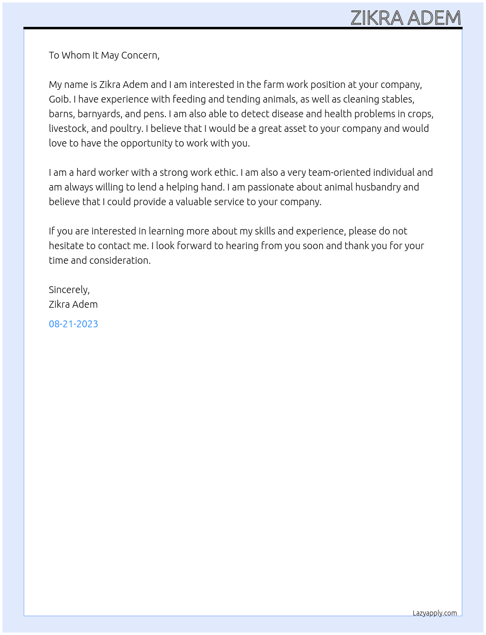Farm work At Goib Cover Letter