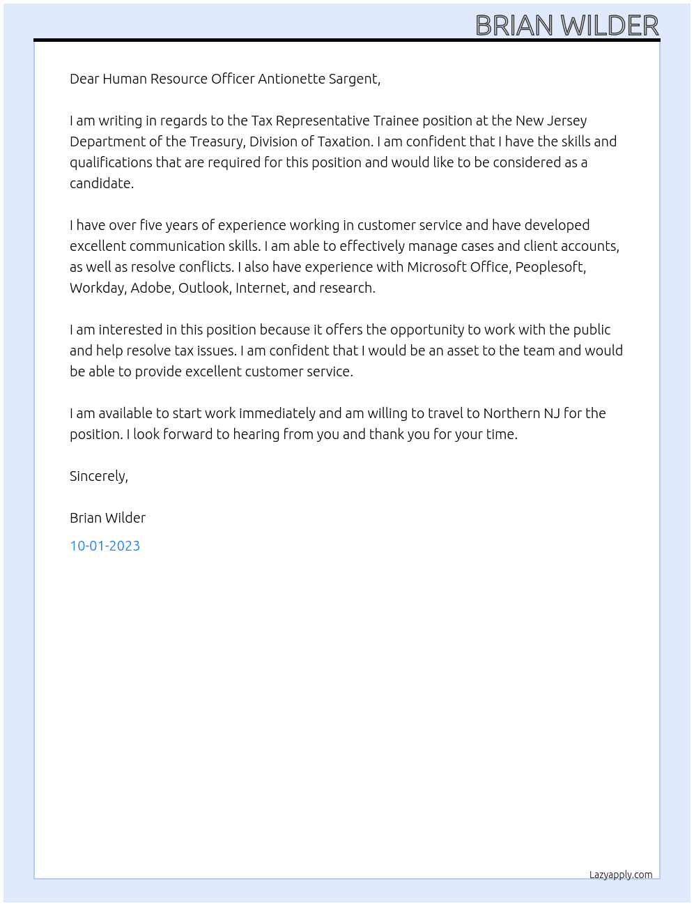 Tax Representative Trainee  At New Jersey Department of the Treasury,Division of Taxation  Cover Letter