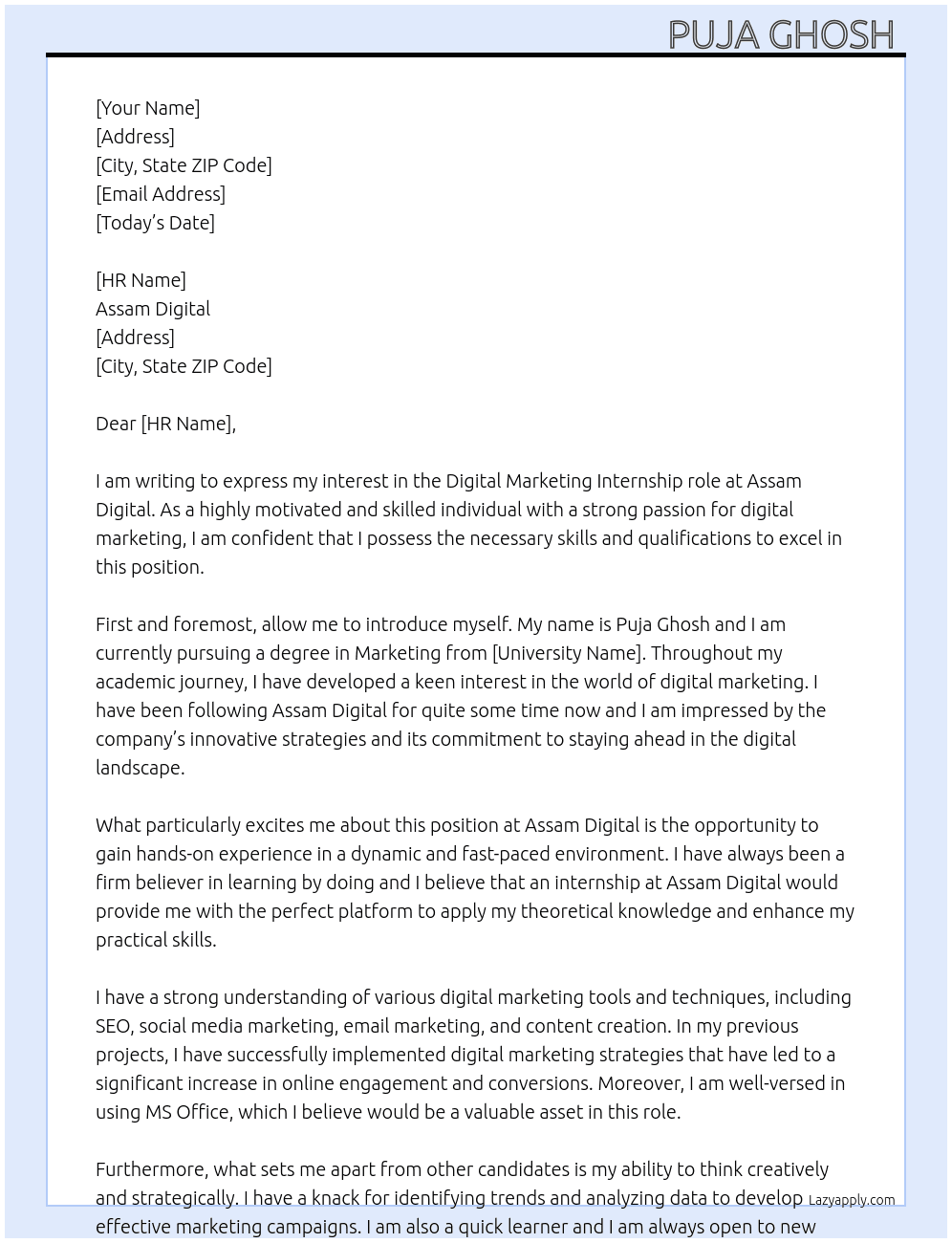 Digital Marketing At Assam Digital  Cover Letter