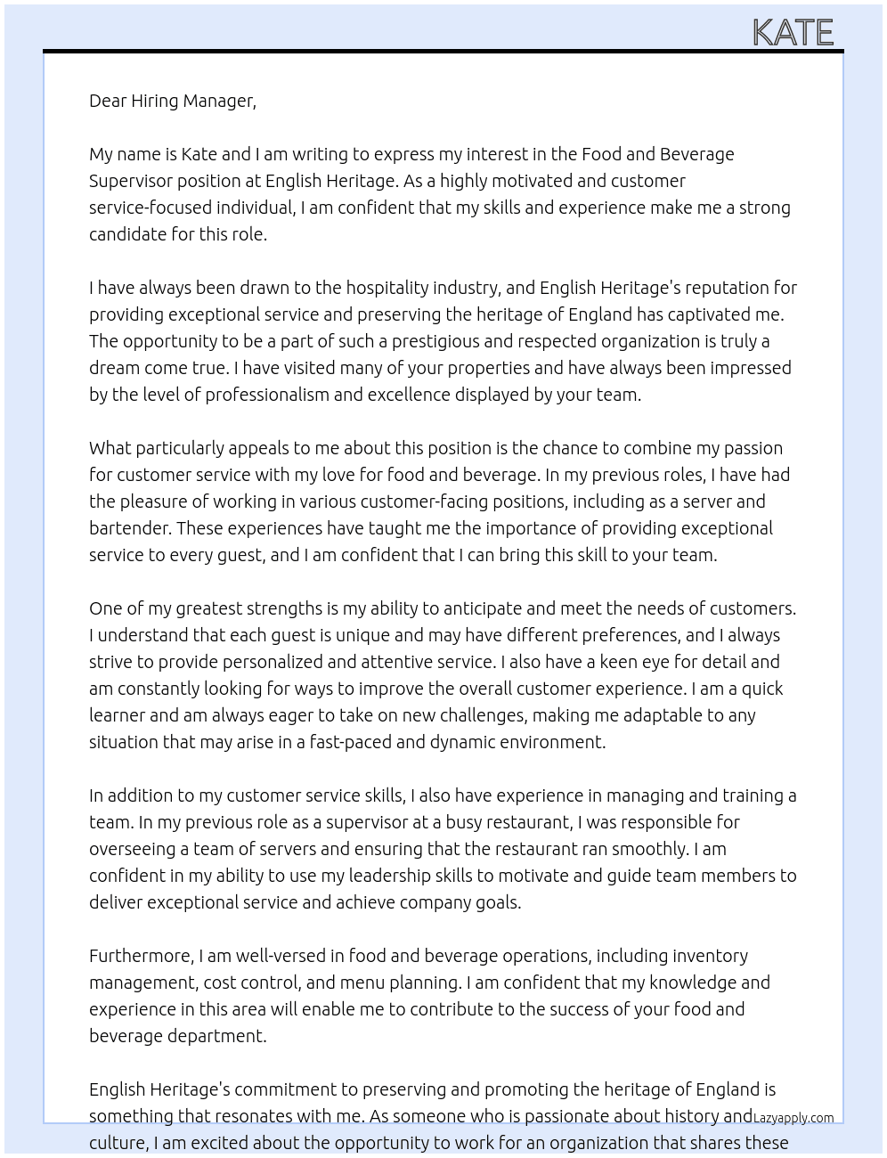 Food and beverage supervisor  At English heritage  Cover Letter