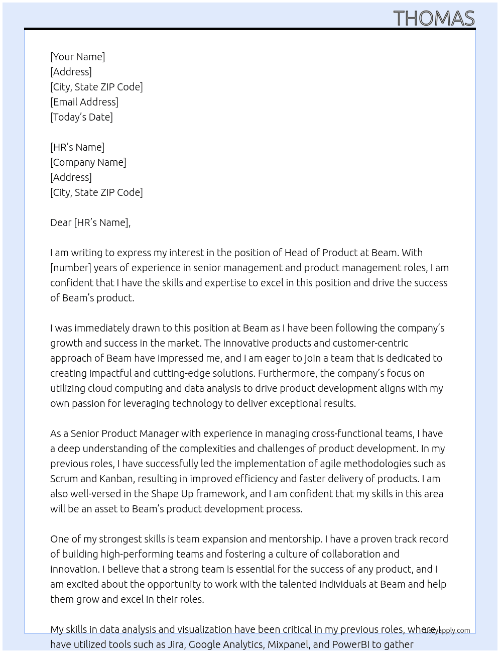 Head of Product At Beam  Cover Letter