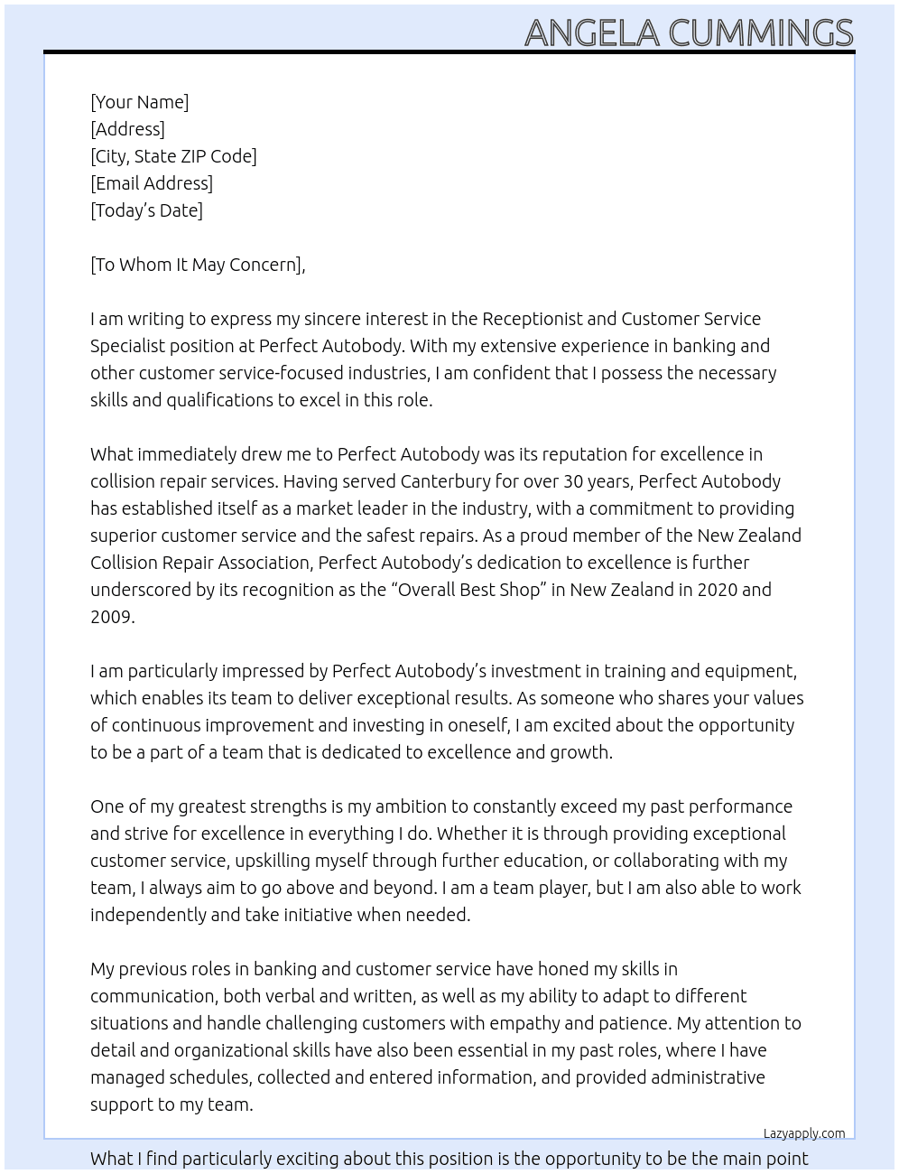 Receptionist Customer Service At Perfect Autobody Cover Letter