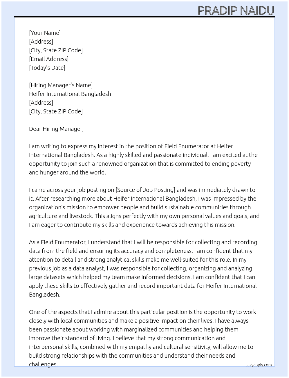 Field Enumerator At Heifer International Bangladesh Cover Letter
