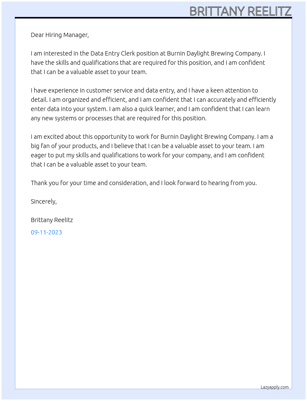 Data Entry Clerk At Burnin Daylight Brewing Company  Cover Letter