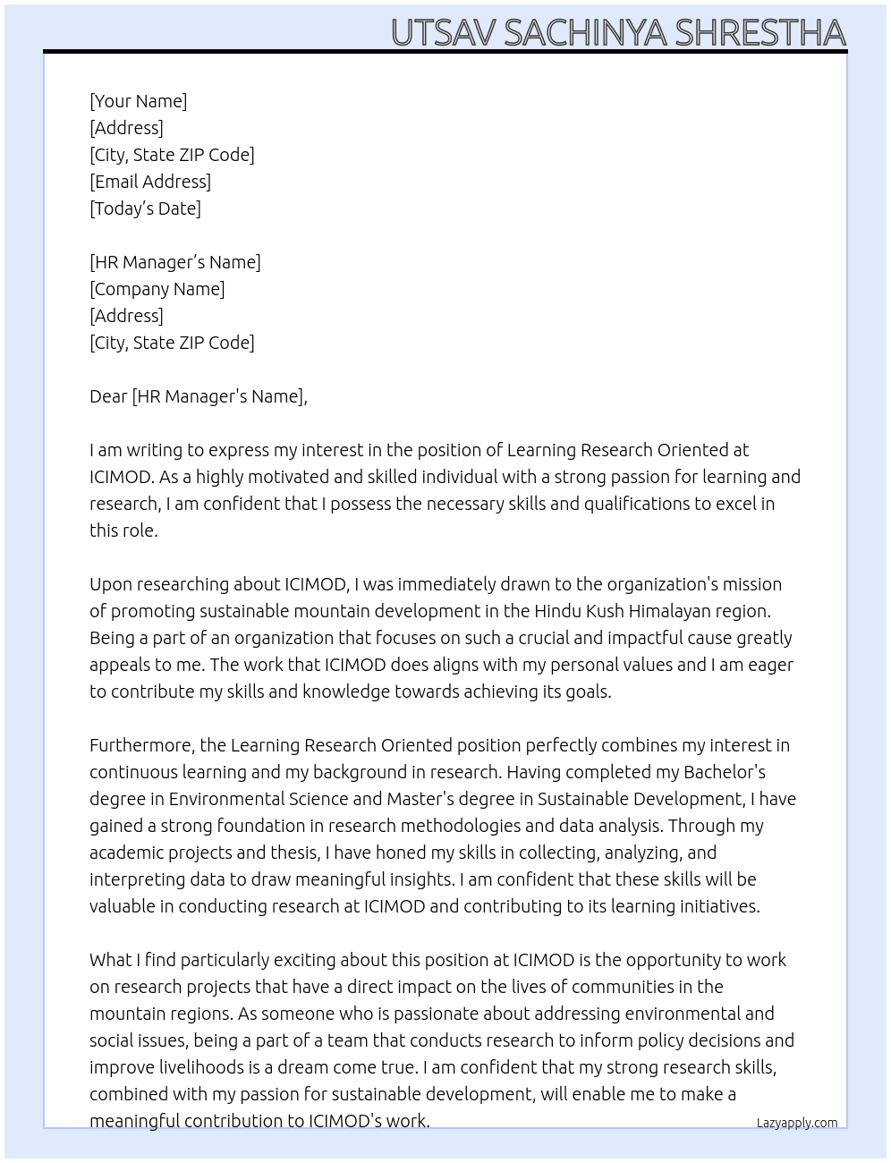 Learning Research oriented At ICIMOD Cover Letter
