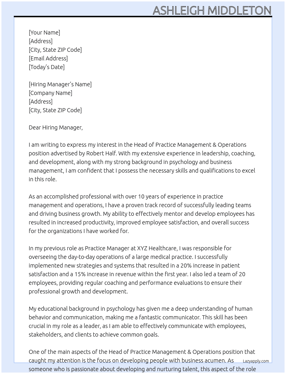 Head of Practice Management & Operations At advertised by Robert Half  Cover Letter
