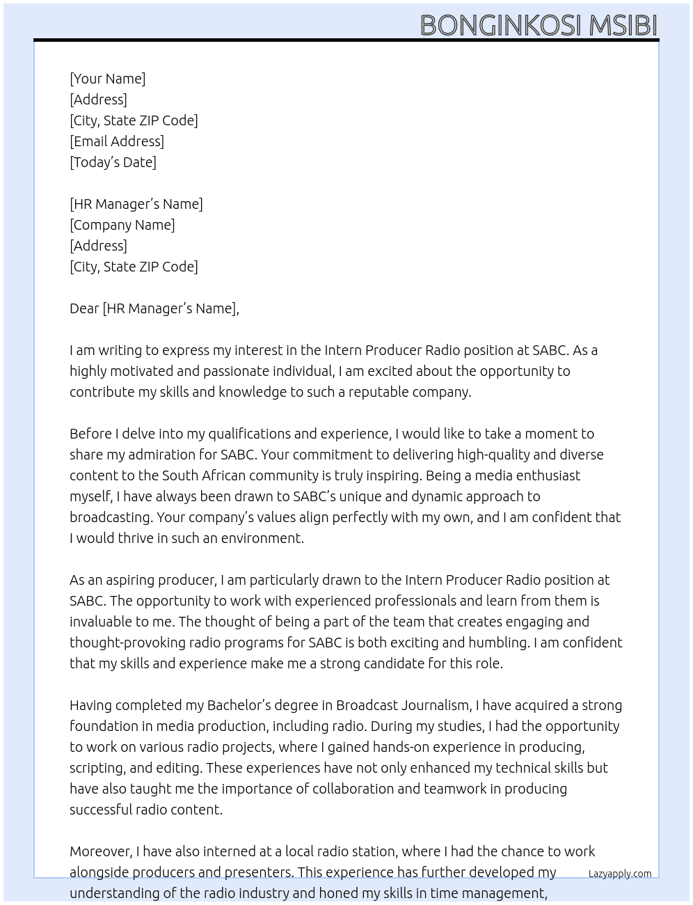 Intern Producer Radio At SABC Cover Letter