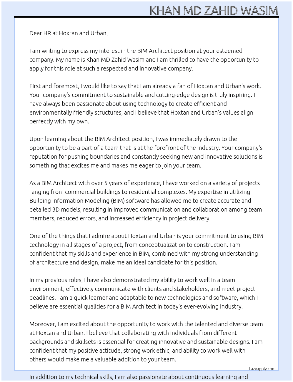 BIM Architect At Hoxtan and Urban Cover Letter