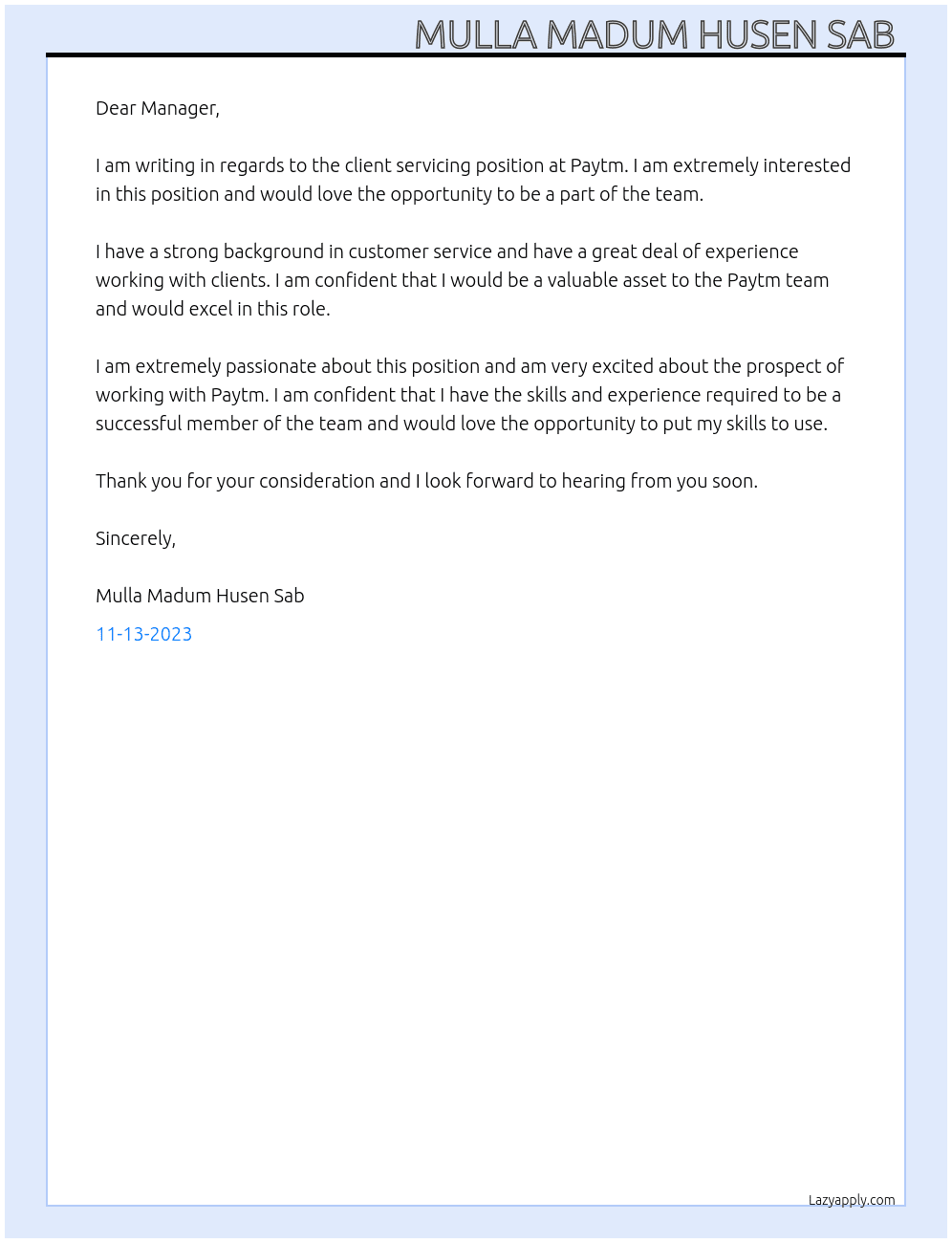 Client servicing At Paytm Cover Letter