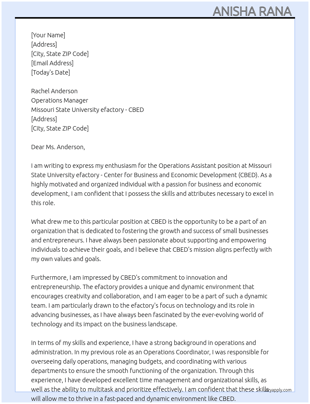 Operations Assistant  At Missouri State University efactory-- Center for Business and Economic Development (CBED) Cover Letter