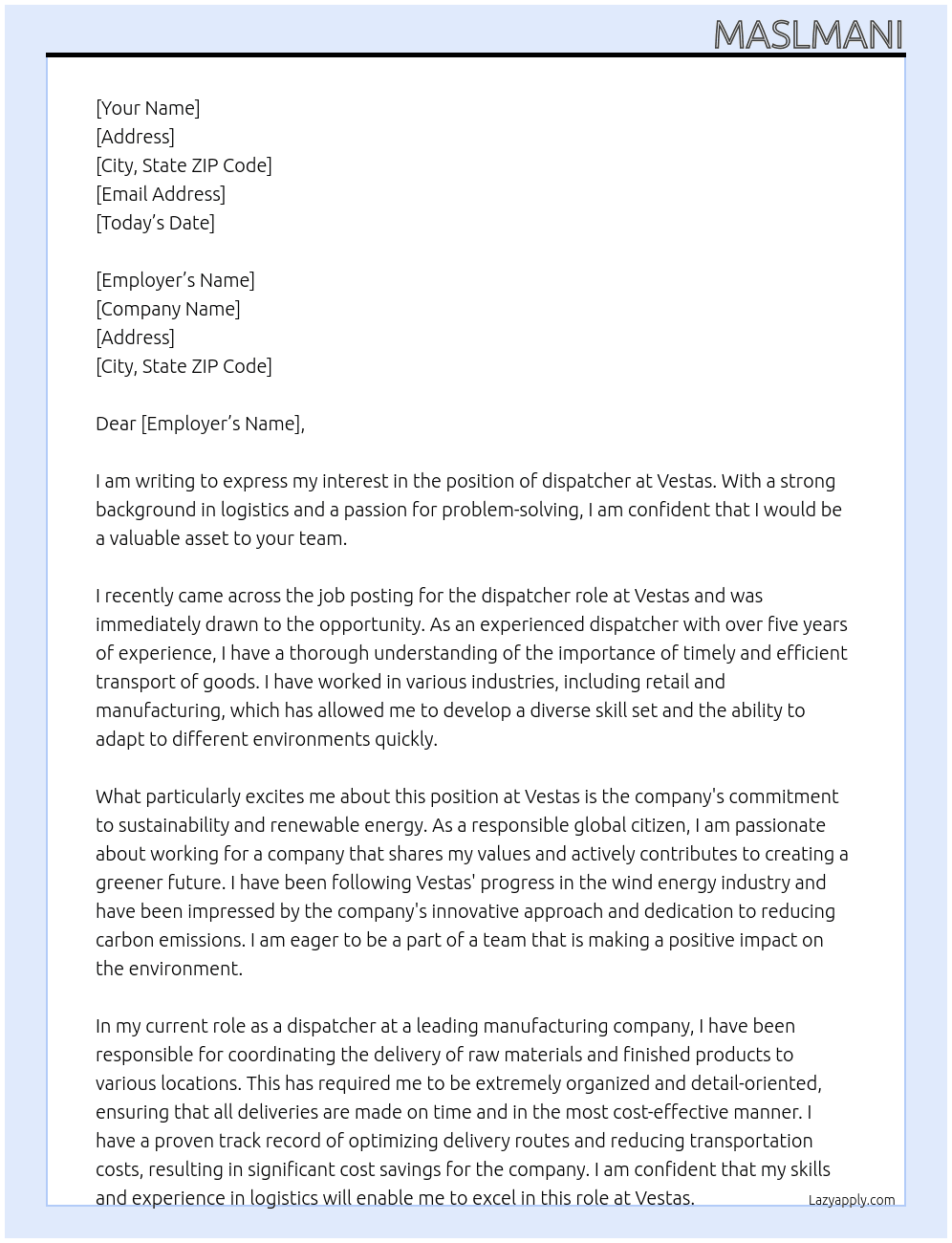 dispatcher  At Vestas  Cover Letter
