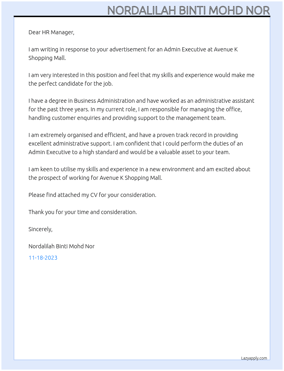 Admin Executive At Avenue K Shopping Mall Cover Letter