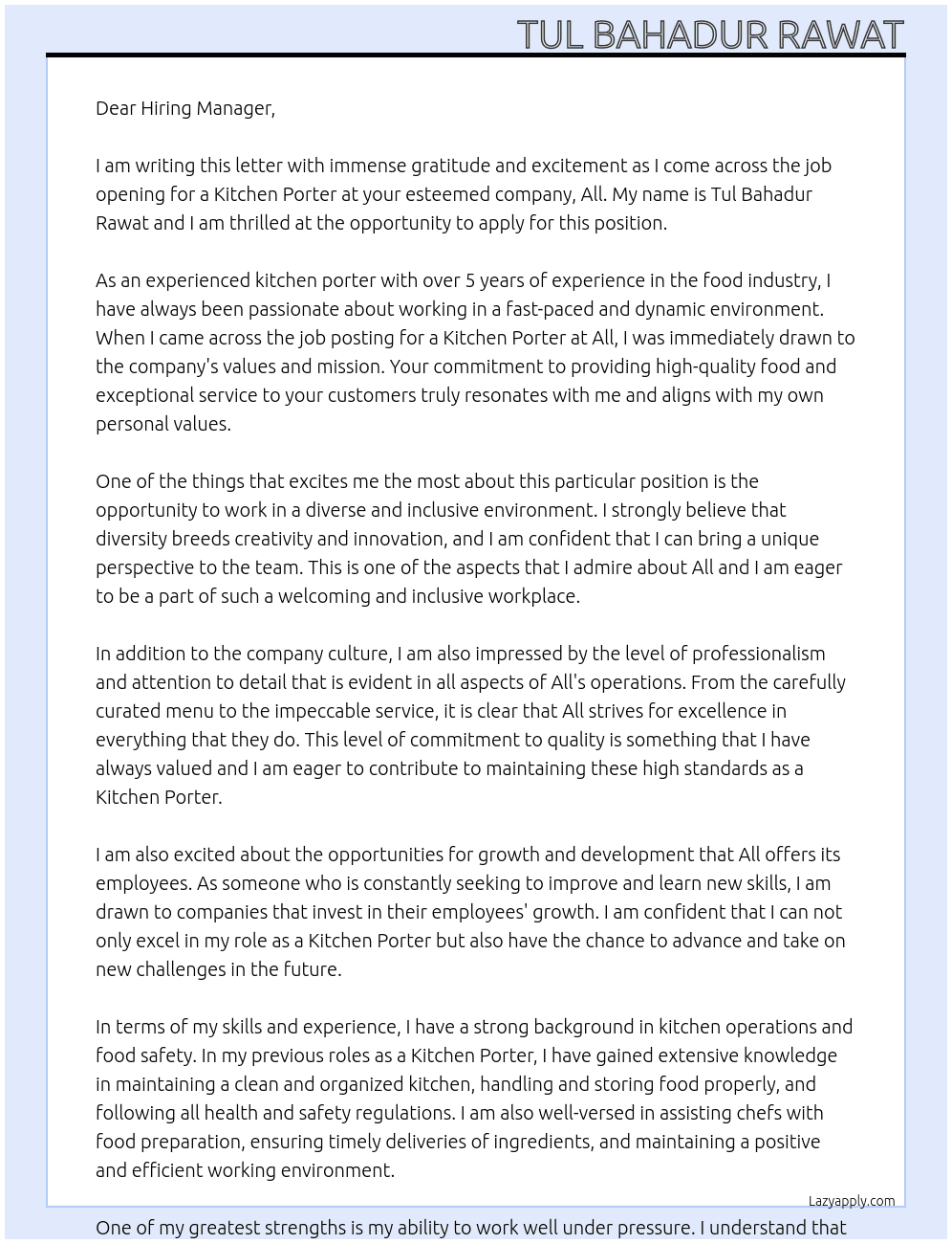 Kitchen Porter  At All Cover Letter