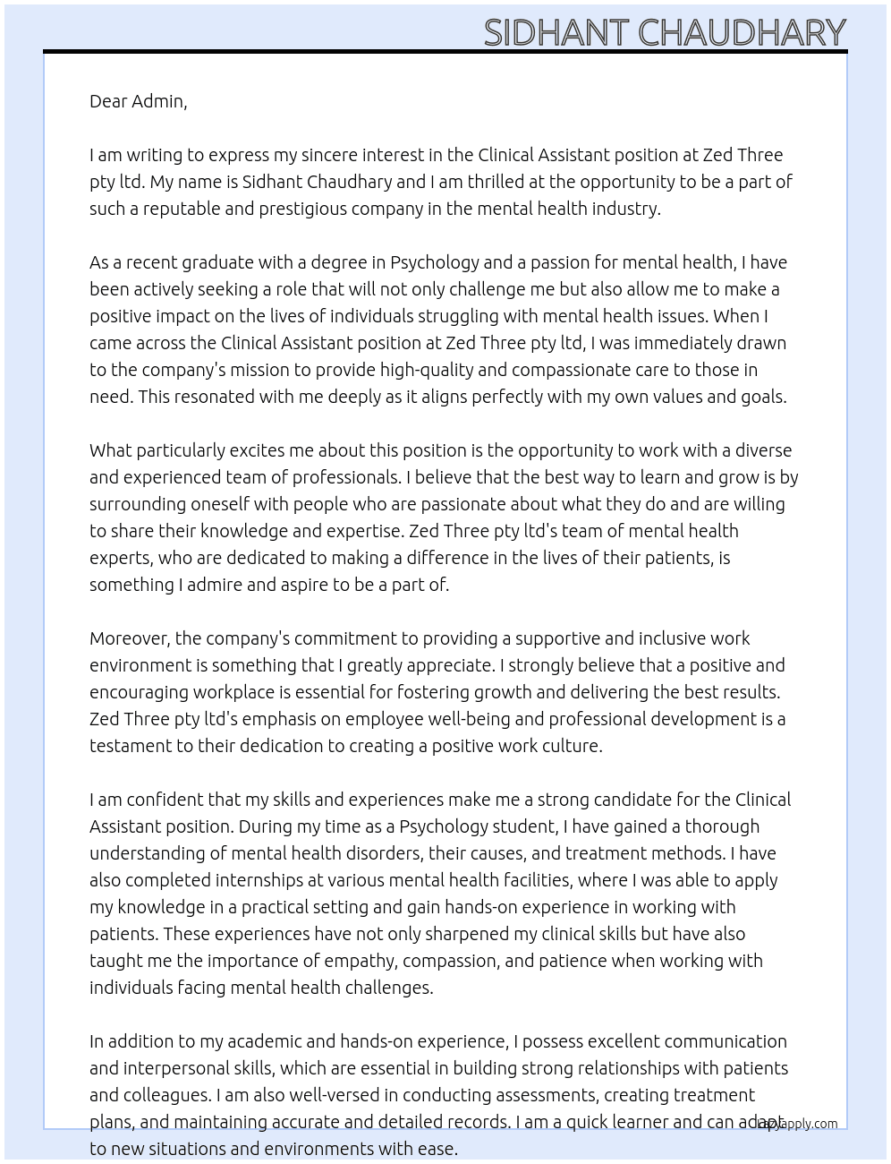 Clinical Assistant (mental health) At Zed Three pty ltd Cover Letter