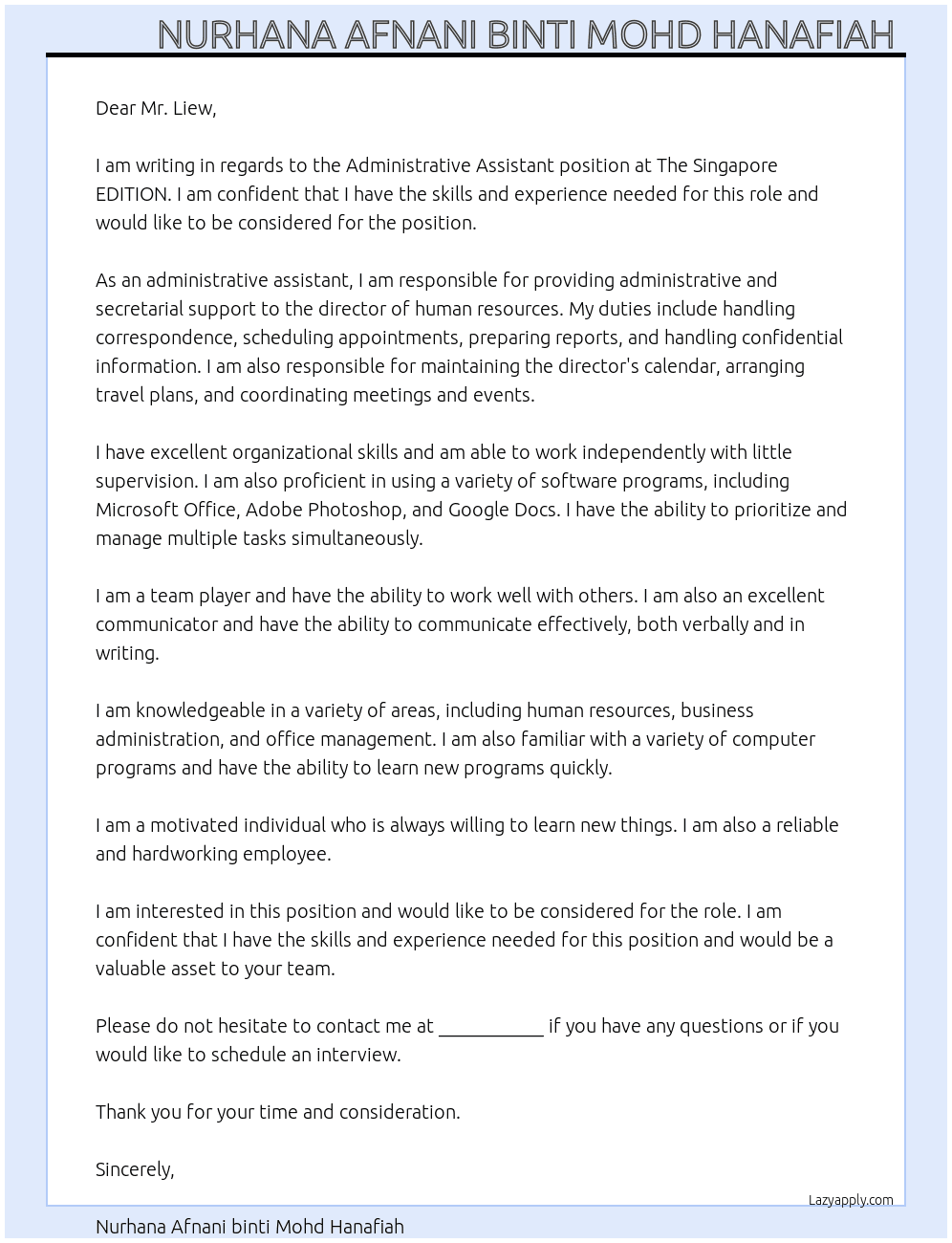 Administrative Assistant  At The Singapore EDITION  Cover Letter