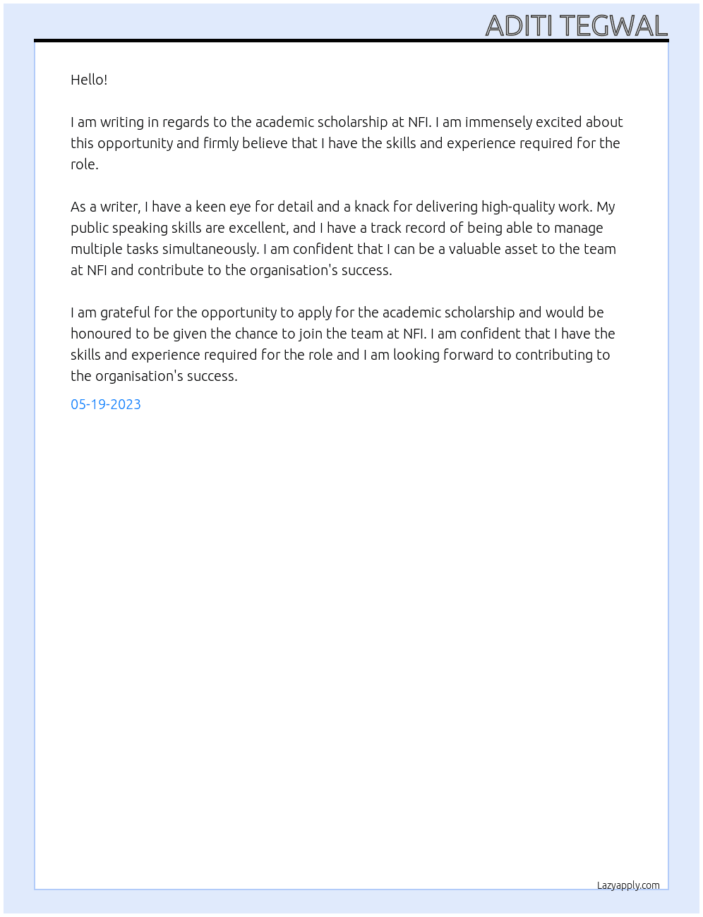 Academic Scholarship At NFI Cover Letter