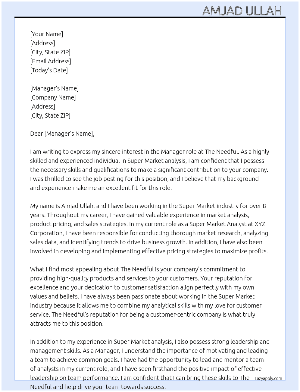 Super Market  At The needful  Cover Letter