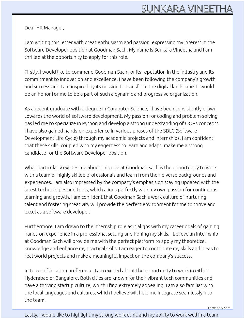 Software developer  At Goodman sach  Cover Letter