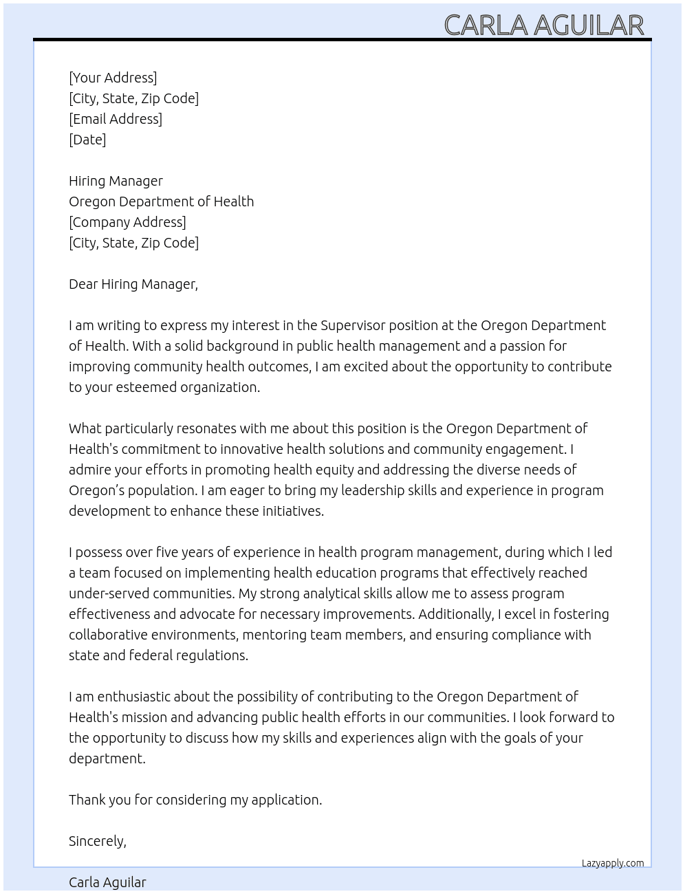 Supervisor  At Oregon Department of Health  Cover Letter