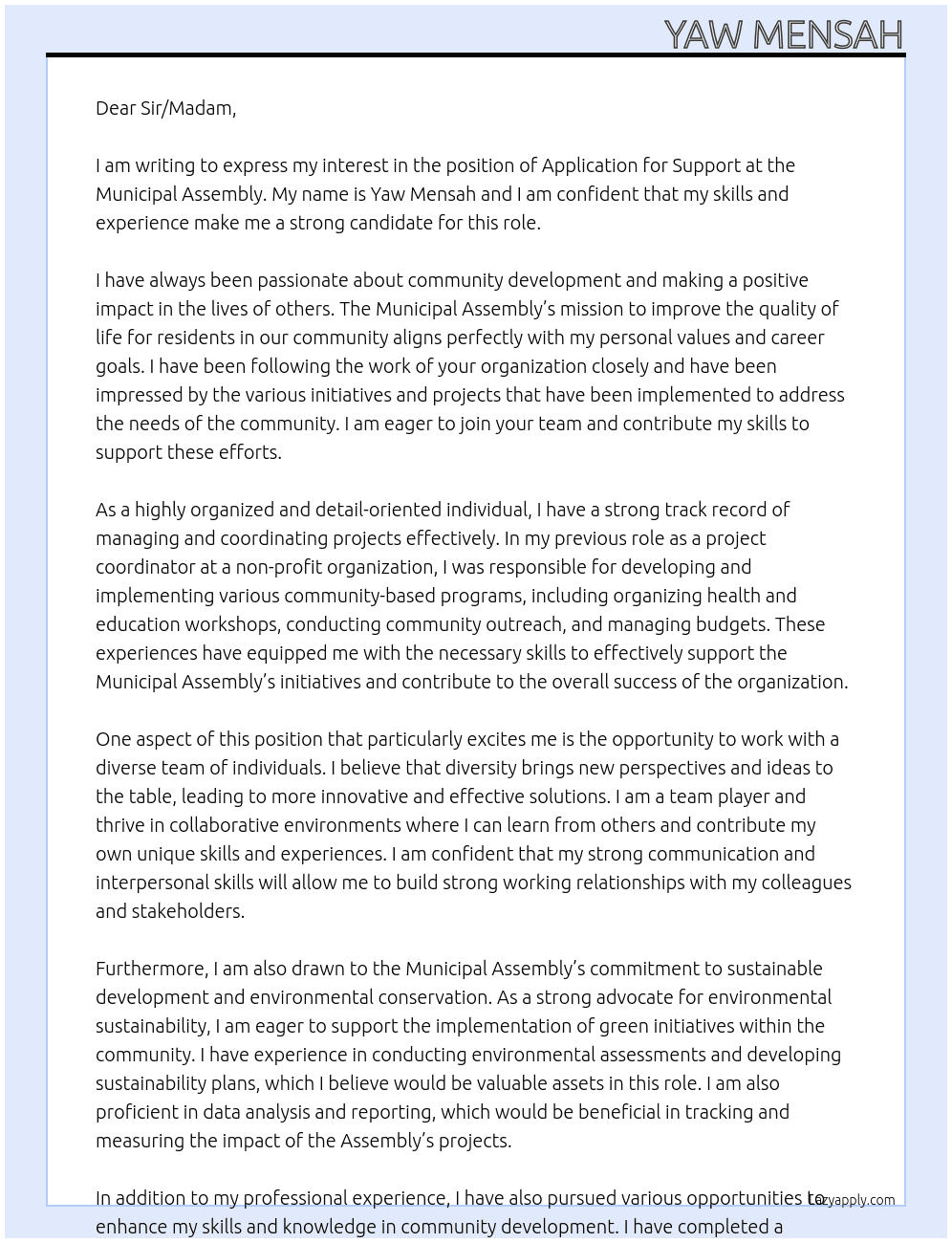 APPLICATION  FOR SUPPORT At MUNICIPAL ASSEMBLY Cover Letter