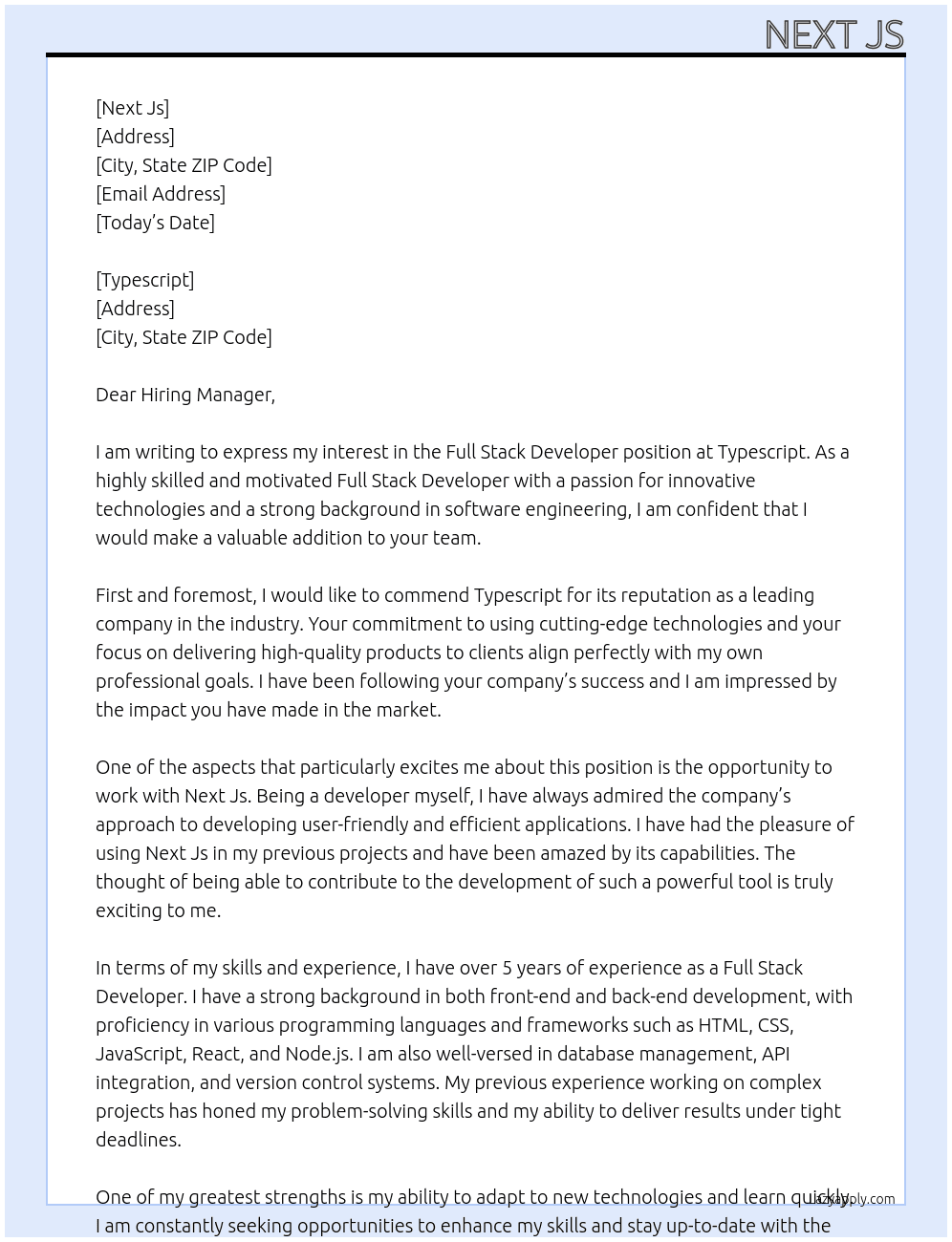 Full Stack Developer At Typescript Cover Letter