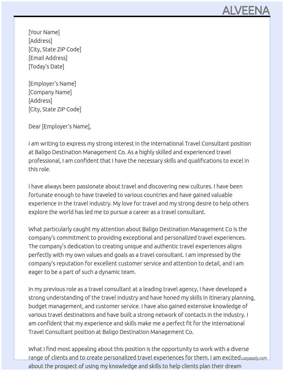 International Travel consultant  At Baligo destination management Co Cover Letter