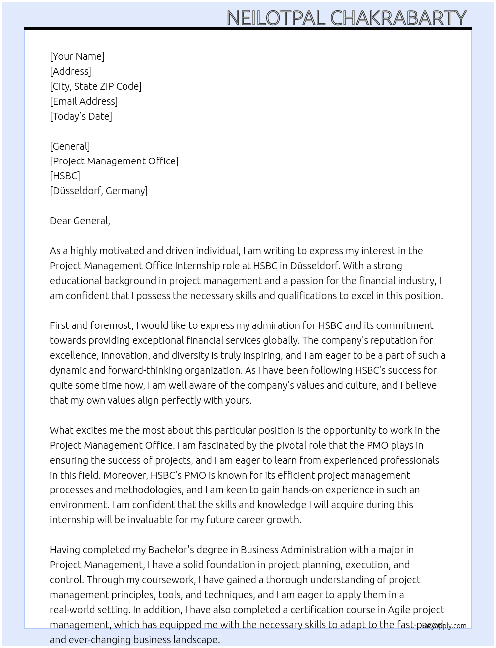 Project Management Office At HSBC Cover Letter